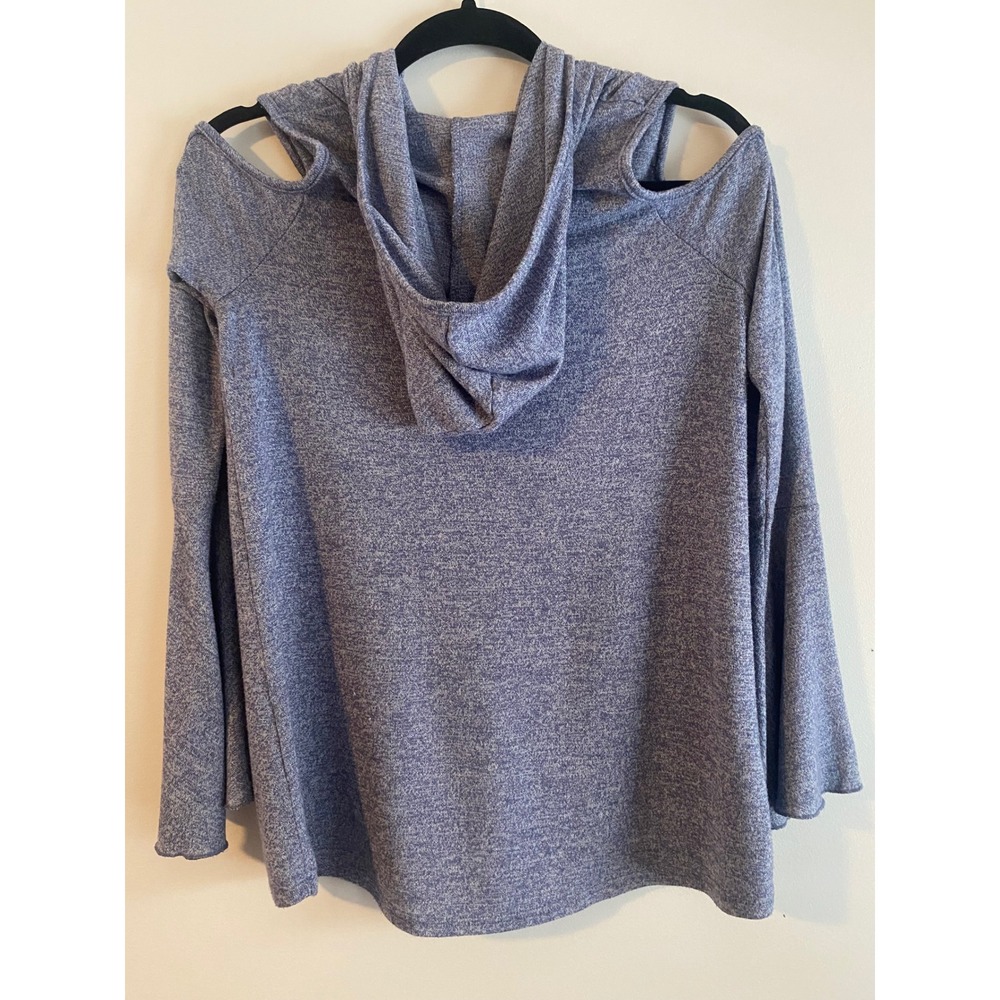Poof! Soft Cozy Knit Blue Grey Heather Cold Shoulder Pullover Hoodie Size S - Picture 8 of 11